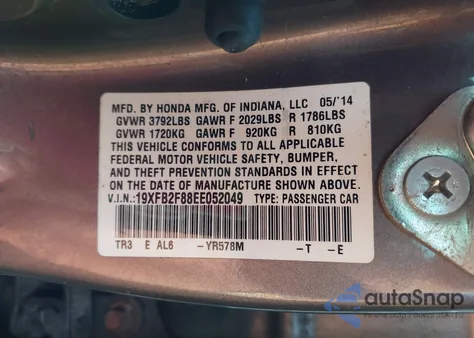 2014 Honda Civic Ex z USA, uszkodzony, nr VIN 19XFB2F88EE052049